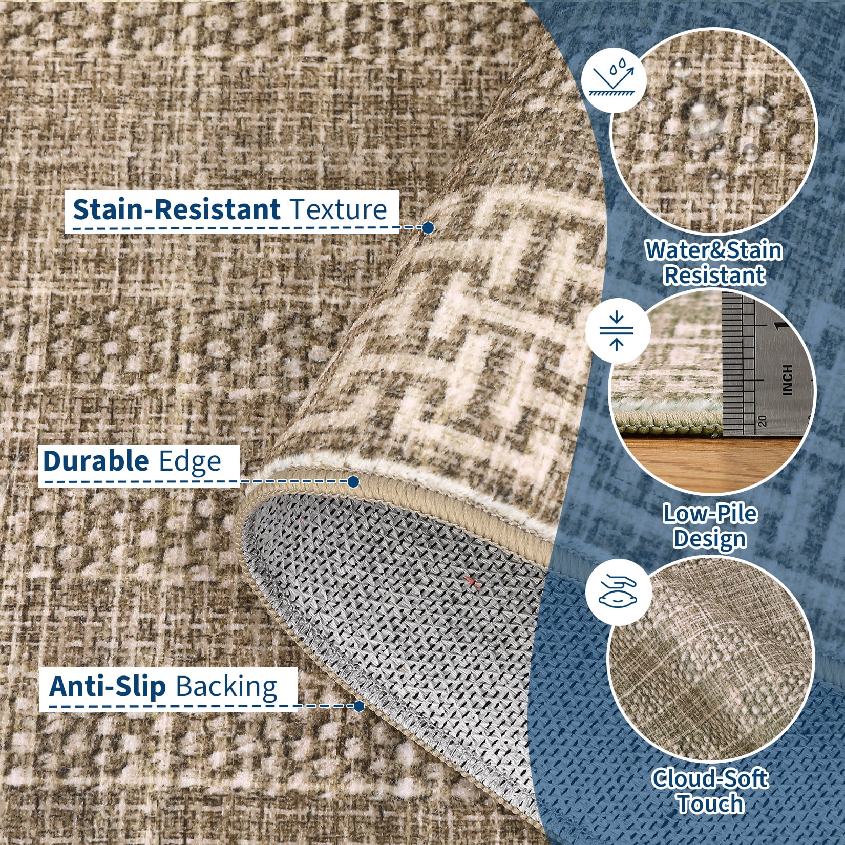 Garvee 2'x6' Geometric Bordered Runner Rug Contemporary Indoor Carpet, Washable Rug Non Slip Low Pile Rug for Hallway Bedroom Kitchen, Brown