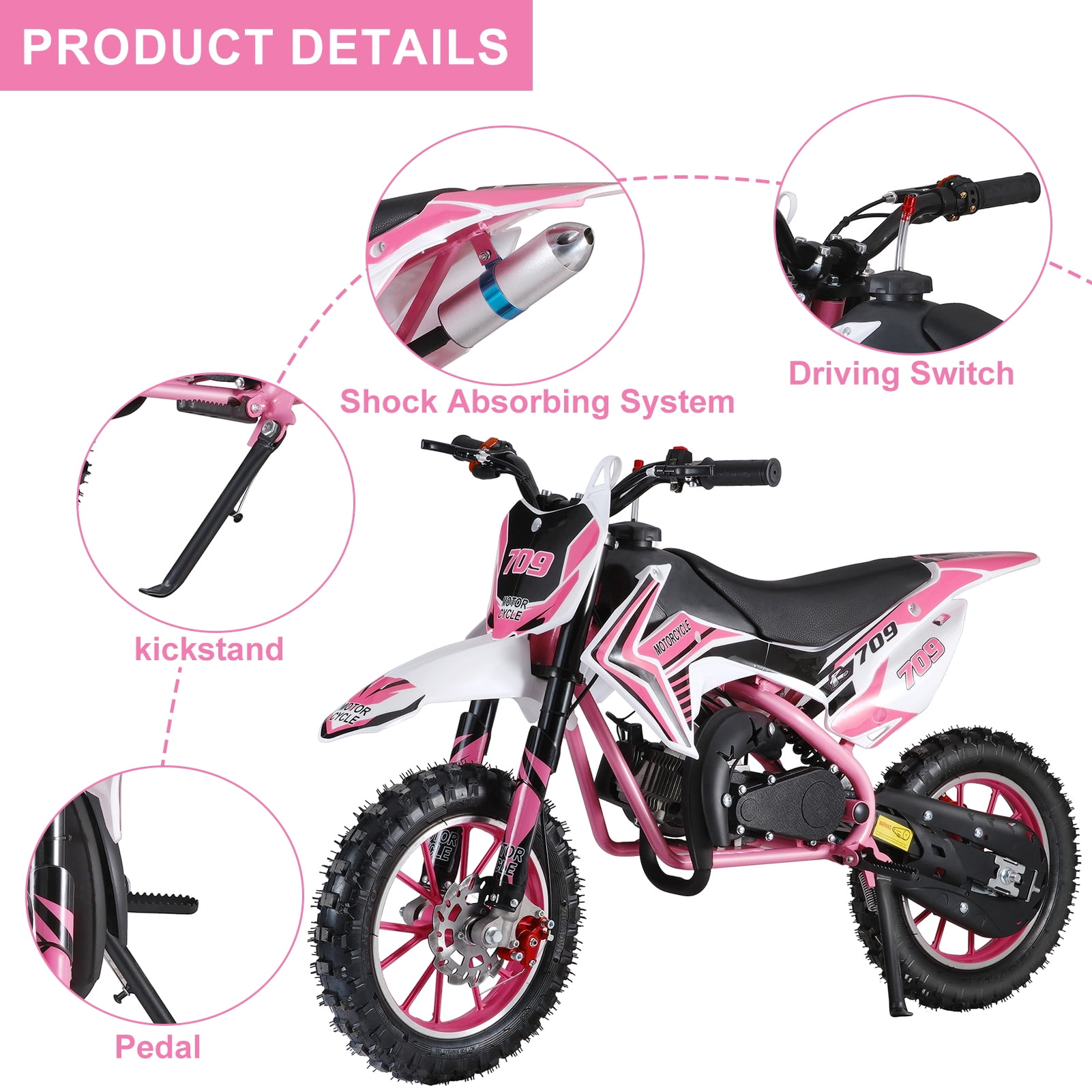Fompes 49CC 2-Stroke Gas Powered Mini Dirt Bike Kids Dirt Bike 30KM/H Max Speed Easy Pull Start Front & Rear Disc Brakes 330LBS Capacity - Pink