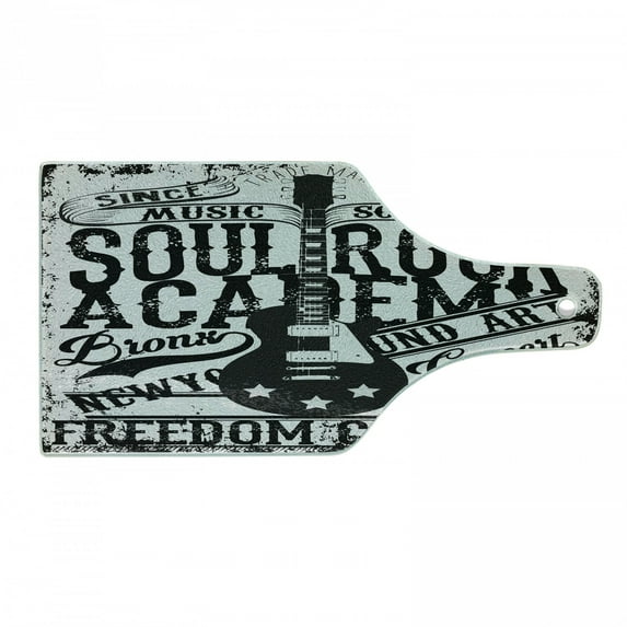 Retro Cutting Board, Soul Rock Academy Theme Music Electric Guitar Freedom Poster Like Image, Decorative Tempered Glass Cutting and Serving Board, Wine Bottle Shape, Beige and Black, by Ambesonne