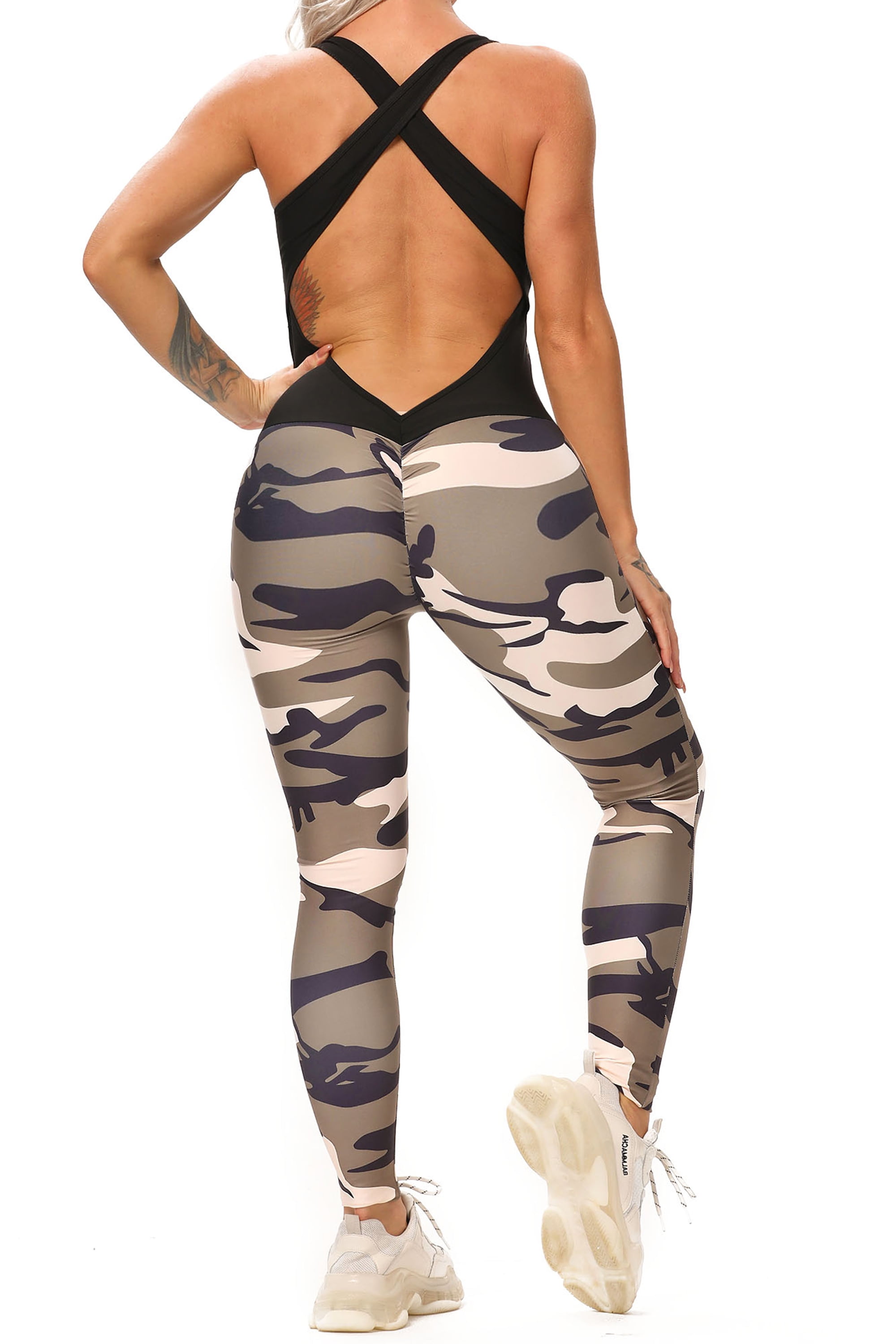 Womens Camouflage Jumpsuits Hooded Tank Top Long Pants Sports Bodysuit Playsuit