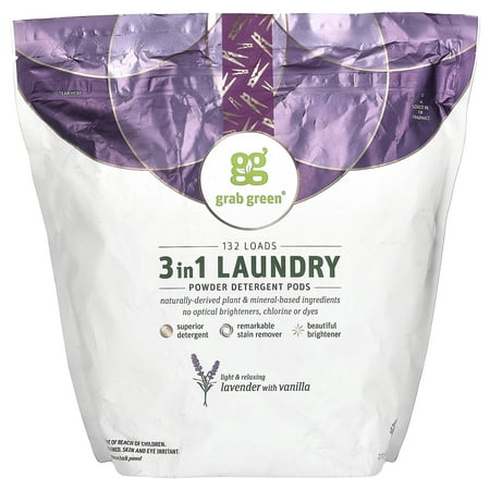Grab Green 3-in-1 Laundry Detergent Pods, 132 Count, Lavender Vanilla Scent, Plant and Mineral Based, Superior Cleaning Power, Stain Remover, Brightens Clothes
