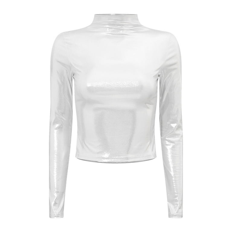 【国内即発】boohoo☆Silver light weight active top Alvivi Women's Holographic Shirt Bodycon Shiny Metallic High