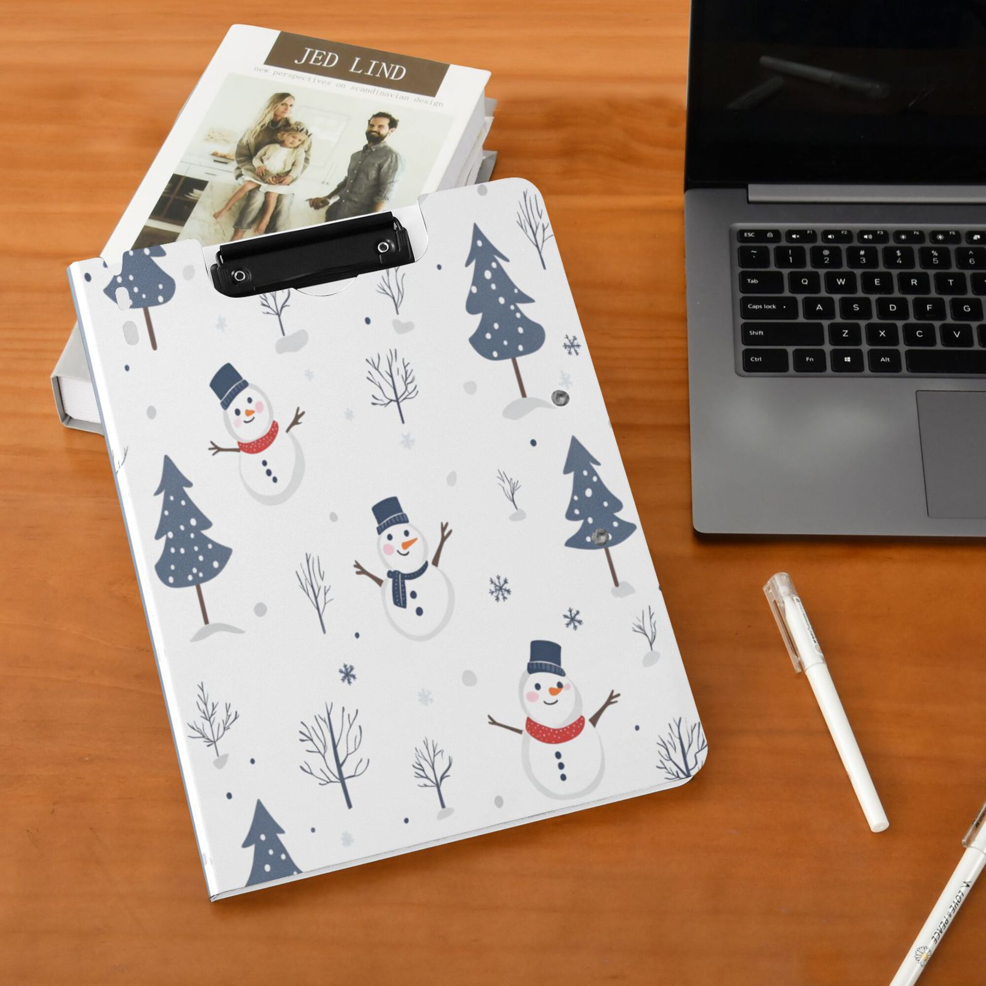 FORMRS A4 Clipboard Folder with Pen Holder Horizontal Foldable School Office Binder, Blue Cartoon Snowmen
