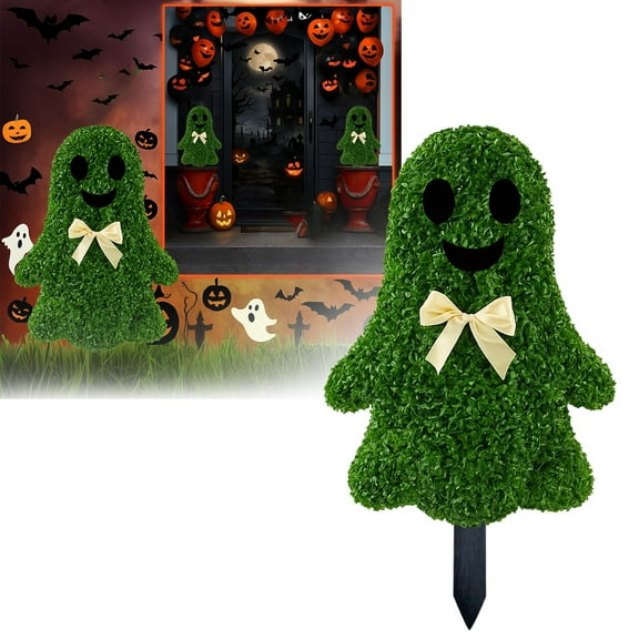 Ghost Topiary Outdoor,Artificial Ghost Shaped Topiary Trees with Ground Spike,Ghost-Shaped Topiary Tree Pot Easter , Boxwood Bush Indoor Outdoor Decor-2D