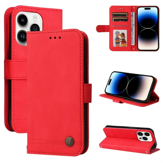 SaniMore Case for iPhone 14 Pro 6.1" 2022 with Wrist/Crossbody Strap,Retro PU Leather Anti-scratch Card Slots Cash Pocket Kickstand Shockproof Anti-drop Wallet Business Cover For iPhone 14 Pro, Red