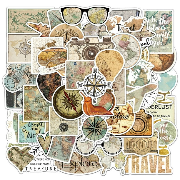 Paquete de pegatinas vintage de viaje, 50 unidades, mapa del mundo retro y Com