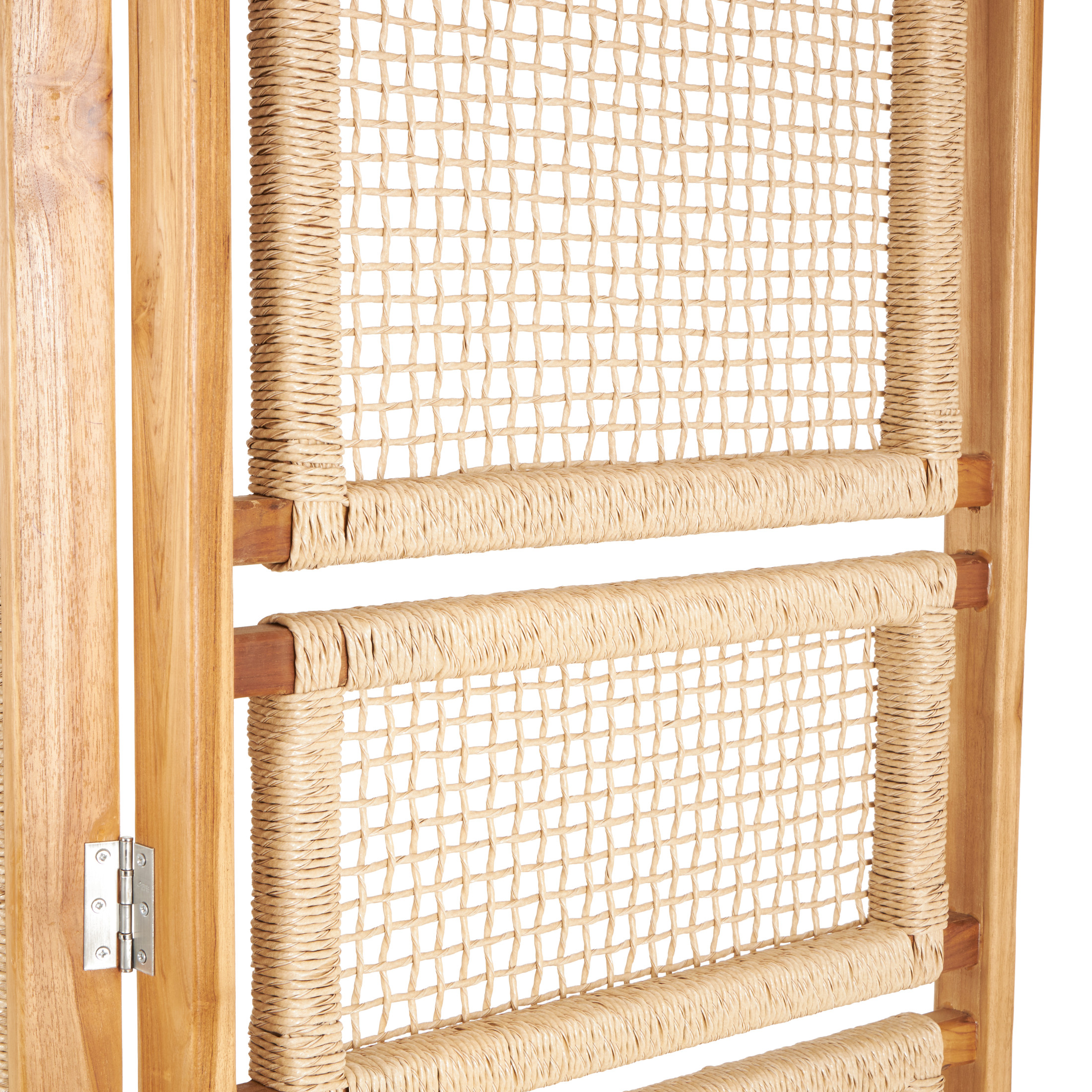 DecMode 79" x 70" Brown Teak Wood Handmade Foldable Partition 4 Panel Room Divider Screen with Woven Rattan Panels, 1-Piece