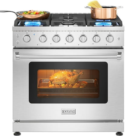 Empava 36-inch 6.0 cu. ft. Slide-In Single Oven Gas Range with 6 Sealed Ultra High-Low Burners - Heavy Duty Continuous Grates in Stainless Steel