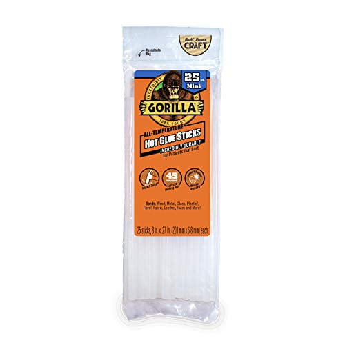 Gorilla Hot Glue Sticks, Mini Size, 8' Long x .27' Diameter, 25 Count, Clear, (Pack of 1)