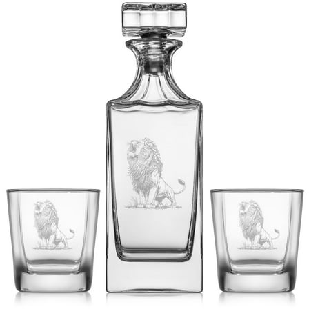 Whiskey Decanter Gift Set With 2 Whiskey Old Fashioned Rocks Glasses Lion Roaring