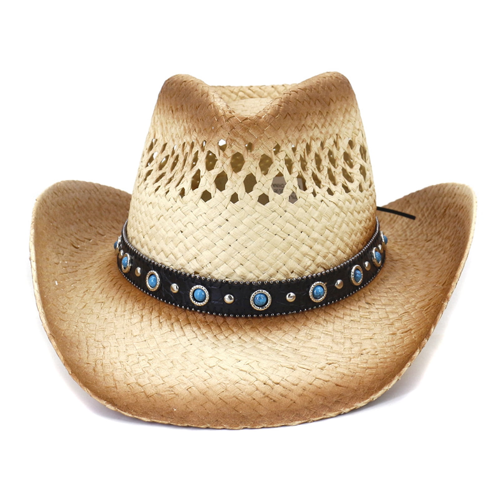 SIEYIO Straw Cowboy Hat with Band & Studded Beads,Shapeable Brim, Beach Cowgirl Hats