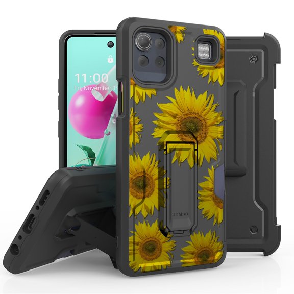 ANJ  Rugged Hybrid Shockproof Case w/Kickstand   Holster Clip Card Slot Cover for LG K92 5G - Sunflower