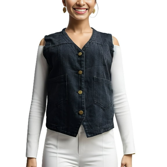 Defitshape Women's Denim Vest V Neck Tank Top Soft Top Western Sleeveless Vintage Fashion Button Summer Pocket Jean Jacket Black Large