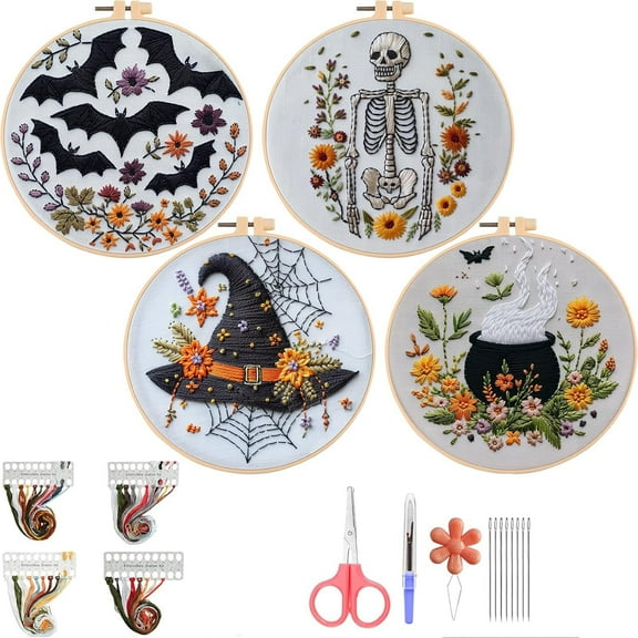 4 Set Halloween Embroidery Kit, Stamped Cross Stitch Kit Needlepoint Kit, Gothic Embroidery Starter Kit for Beginners Adults, DIY Adult Cross Stitch Kits
