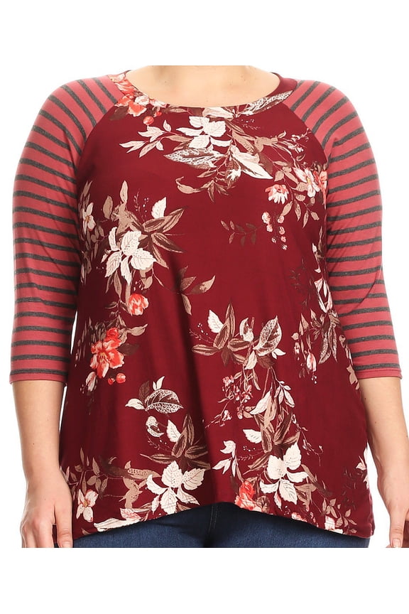 Women Plus Size Striped Sleeve Floral Printed Jersey Tunic Knit Top Tee Burgundy Brown 1XL B4991 BNY Corner