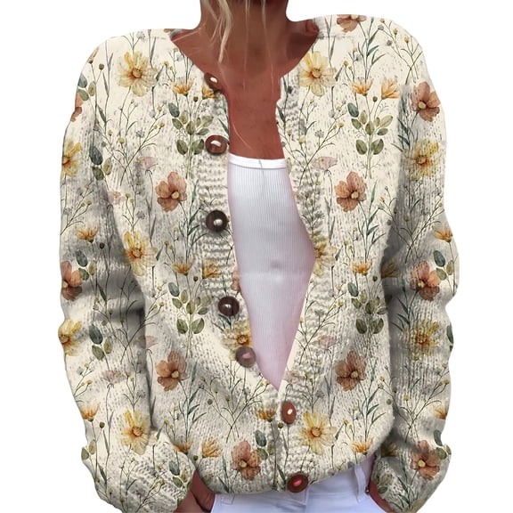 Kaondbfi Women's Cardigan, Open Front Cardigans Cute Flower Print Sweaters Crew Neck Button Down Trendy Fall Tops Coat Winter Coat for Women