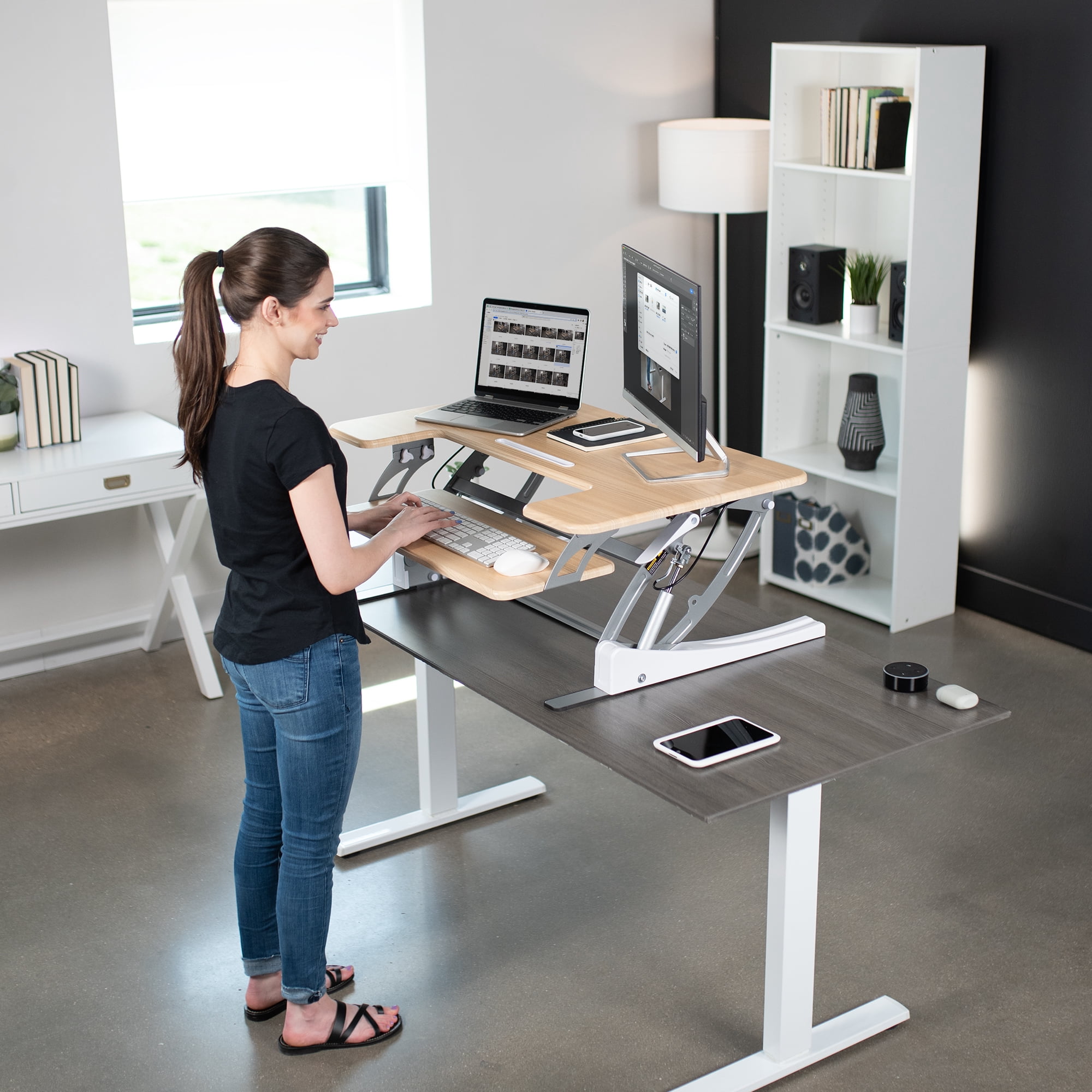 VIVO Light Wood Standing Desk Monitor Riser, Tabletop Sit to Stand, White Frame