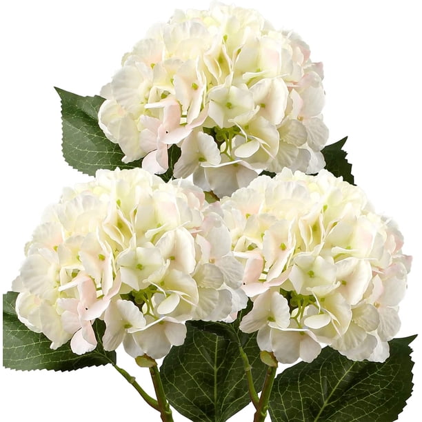 Hortensias artificiales tallos de seda para el hogar, centros de mesa, arreglos de flores falsas, ramos de boda, decoraciones de bricolaje, 3 hortensias blancas y