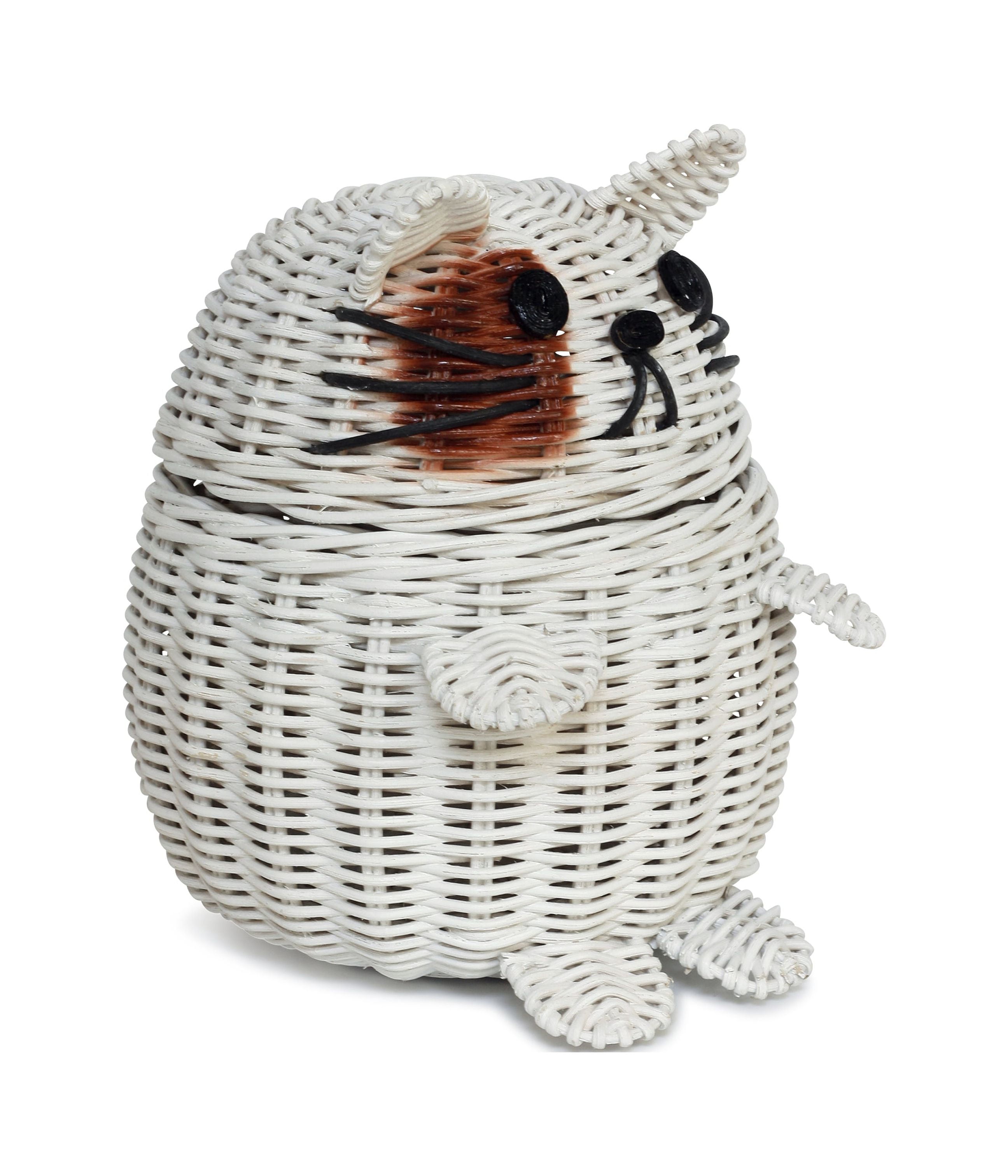 Cat Rattan Storage Basket with Lid Decorative Bin Home Decor Hand Woven Shelf Organizer Cute Handmade Handcrafted Gift Art Artwork Wicker Kitten