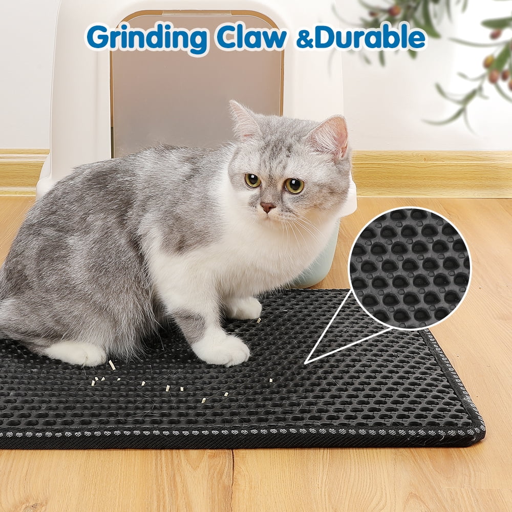 Cat Litter Mat, Rice-Shaped Double Layer Litter Trapper Waterproof Urine-Proof Mat, Non-Slip for Litter Box Area, Scratch-Friendly for Cats & Kittens​ Black