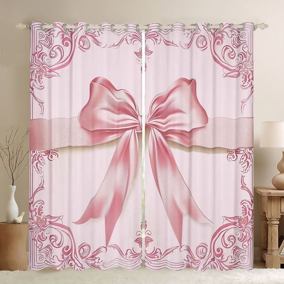 Feelyou Pink Princess Bowknot Black Out Curtains, Bohemian Damask Flower Curtains Pack of 2 (42x63 Each), Western Fashion Bow Bedroom Curtains, Black Out Curtains Decor
