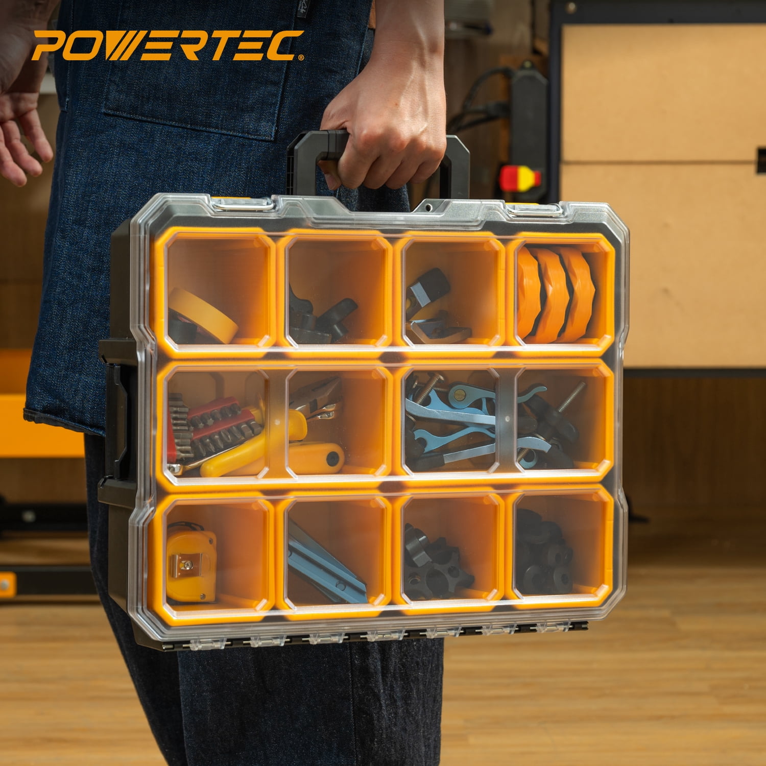 POWERTEC 2PK Small Parts Organizer & Tool Box – 10 Compartments, IP65 Water & Dust Protection, Stackable Storage with Interlocking Latch, Removable Tray, Clear Lid, Portable Design (72365-P2)