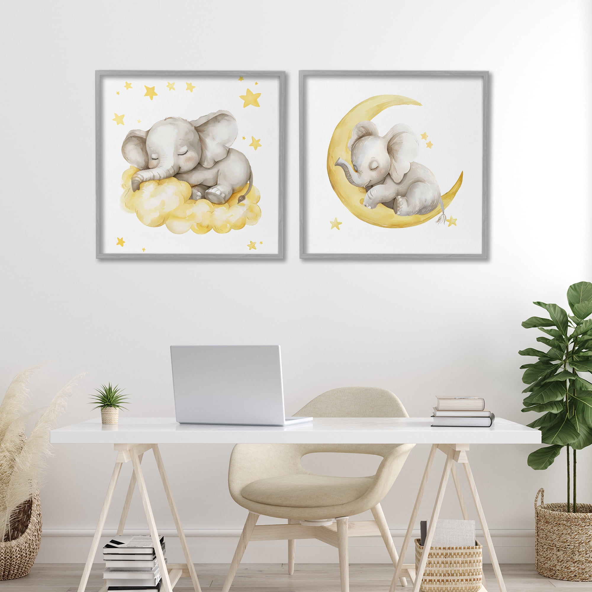 Stupell Industries Sleeping Elephant Moon and Clouds 2 Piece Gray Framed Giclee Art Set, design by LSR Design Studio