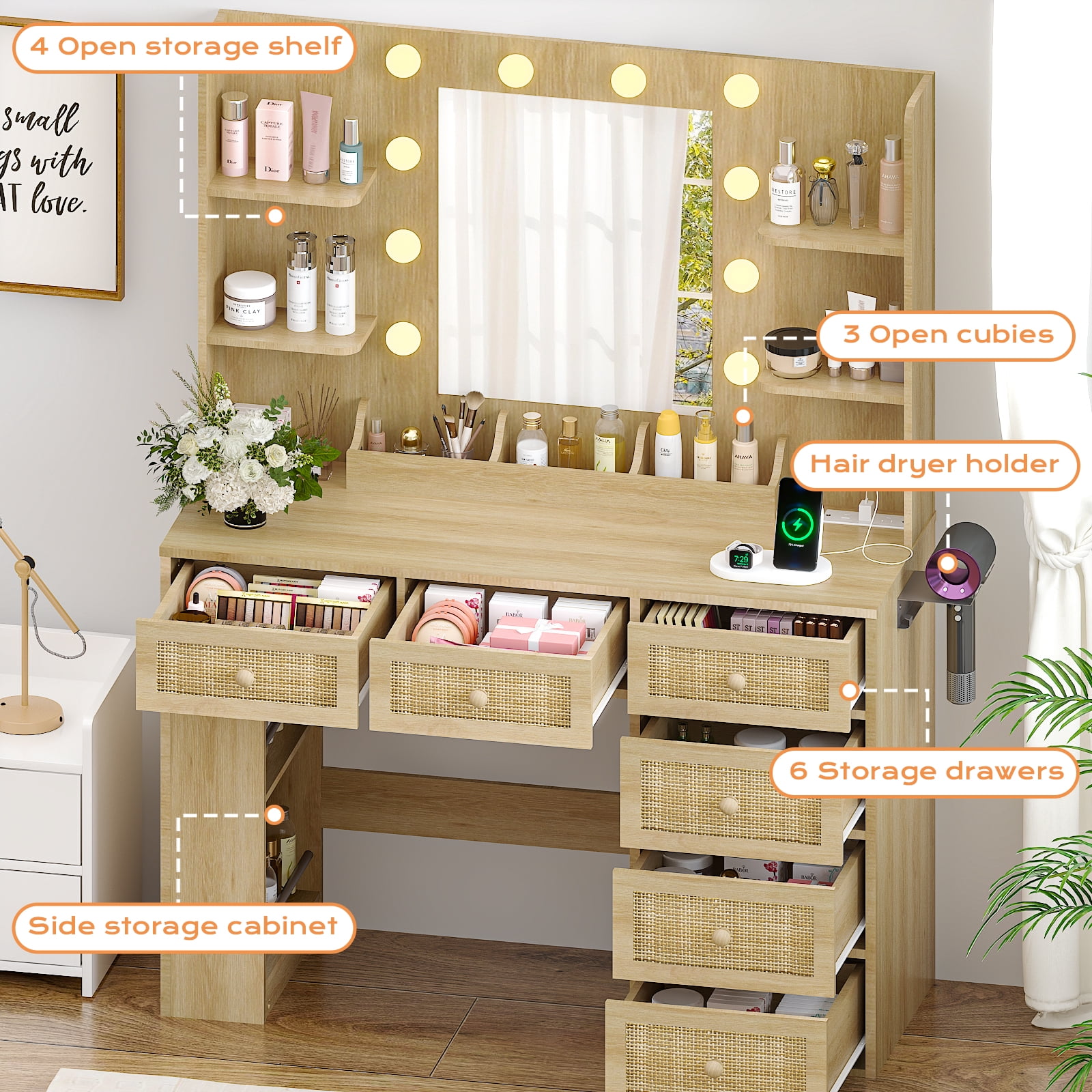 Ktaxon Lighted Makeup Vanity with 6 Drawers, Get Ready with Me Vanity Table Set w/ Charging Station, Side Rack, Wood Color