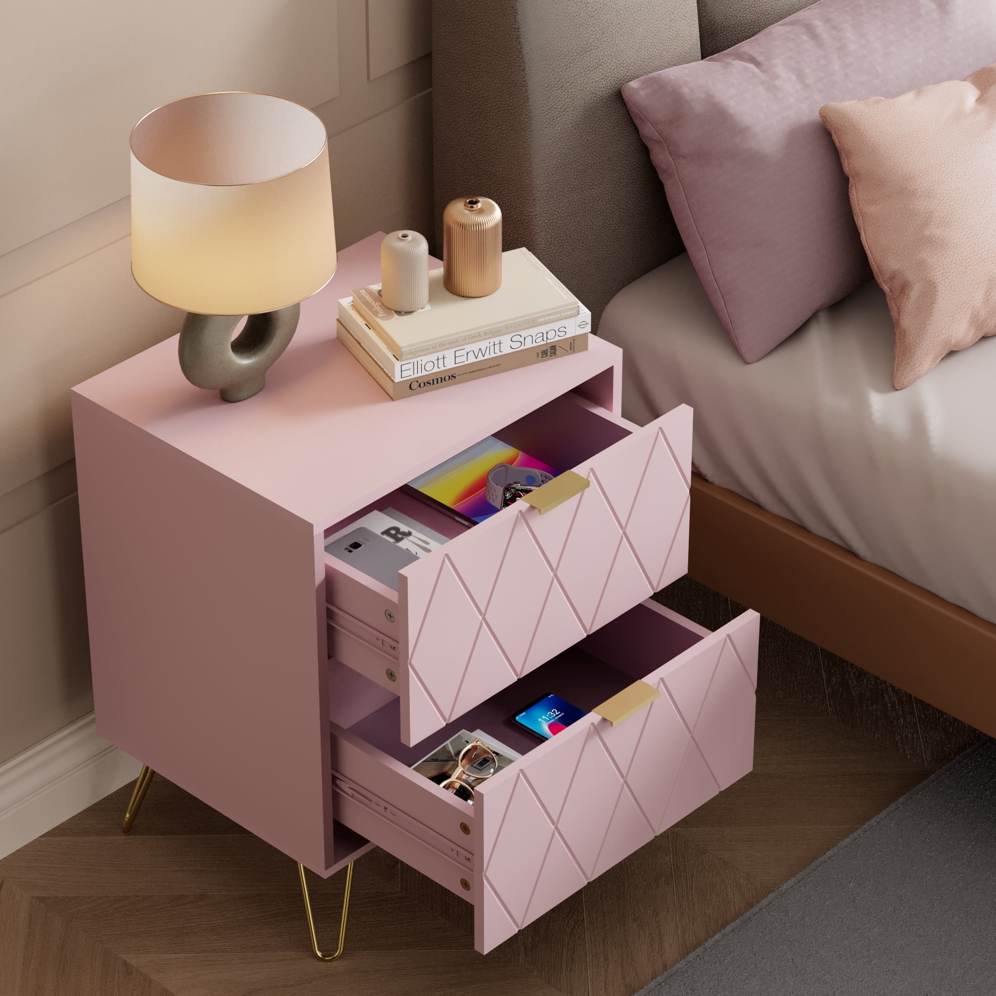 Eclife Set of 2 Pink Nightstands Gold Handles and Legs Wide Sturdy Side Table Cabinet for Bedroom Home Adult Kids