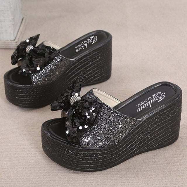 Sandalias Mujer Casual Peep Toe High Chunky Wedge Heels Shoes Lentejuelas Bow Slippers Wmkox8yii ytu4340