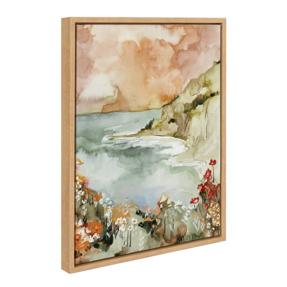 Kate and Laurel Sylvie Landscape 04 Framed Canvas Wall Art by Annie Quigley, 18x24 Natural, Soft Watercolor Nature Landscape with Lake Art for Wall Decor