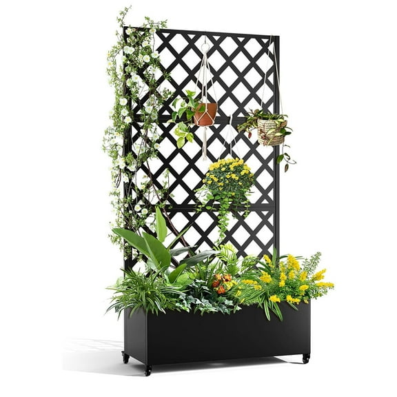 Ataucjin Metal Planter Box,Diamond Lattice Trellis Planter Box, for Climbing Plants and Vines, Galvanized Raised Garden Bed on Wheels, Garden Bed with Trellis