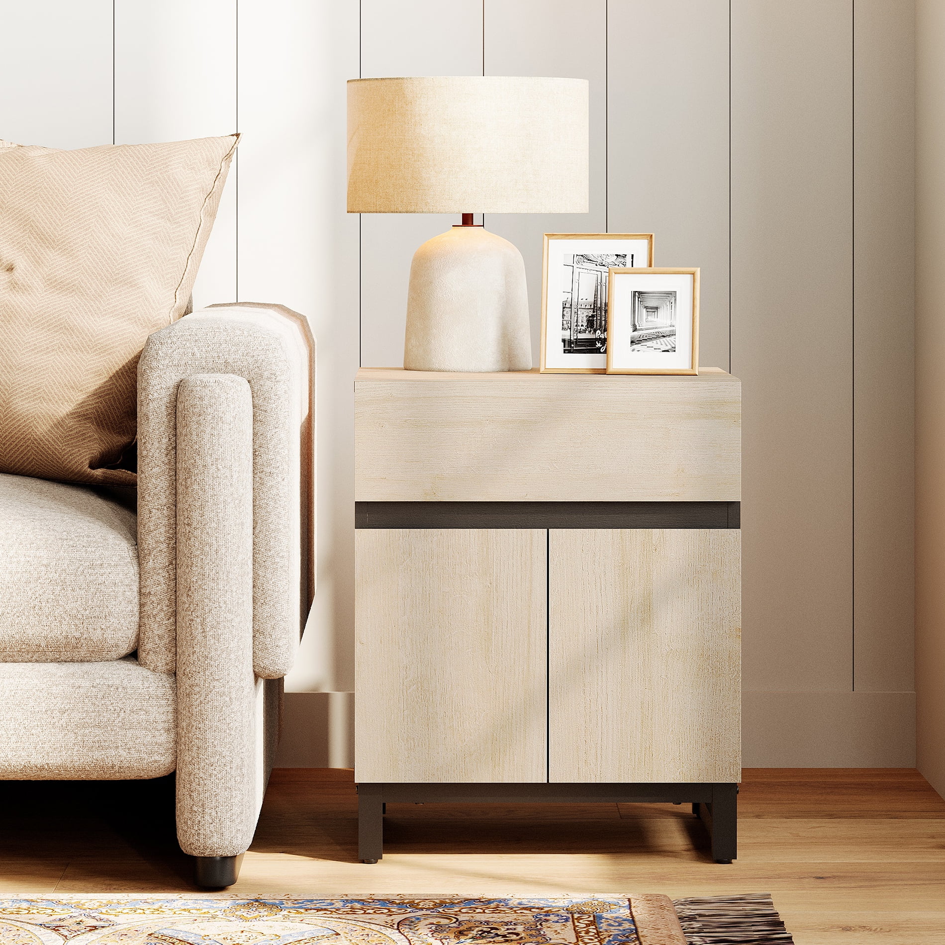 WAMPAT Nightstand with 1 Drawer and 1 Storage Cabinet, Modern Bedside Table with 2 Open Door for Bedroom, Wood Rustic Side End Table for Living Room, Light Oak