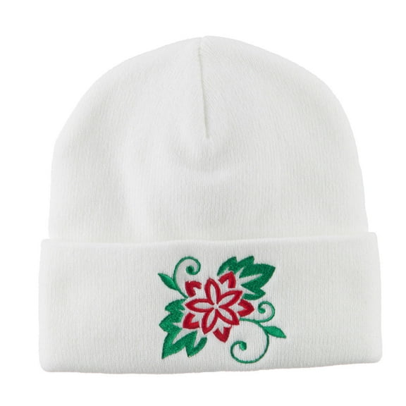 Christmas Poinsettia Flower Embroidered Long Beanie - White OSFM