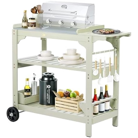 Outdoor Wooden Grill Cart, Extra Large Grill Table with Wheels, Metal Top for Kitchen Prep, Rolling cart with Side Handle, 2 Layer BBQ Prep Island$$Garden & Patio