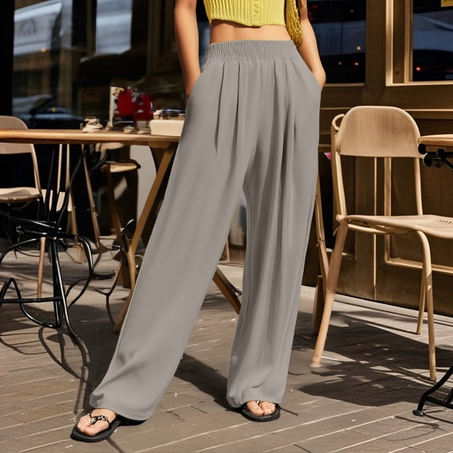 WILLBEST Pantalones Casuales de Mujer con Cintura Alta y Pierna Ancha para Uso Diario, Actividades al Aire Libre y Comodidad En el Hogar con Un Diseño Arrugado Único. Mediana