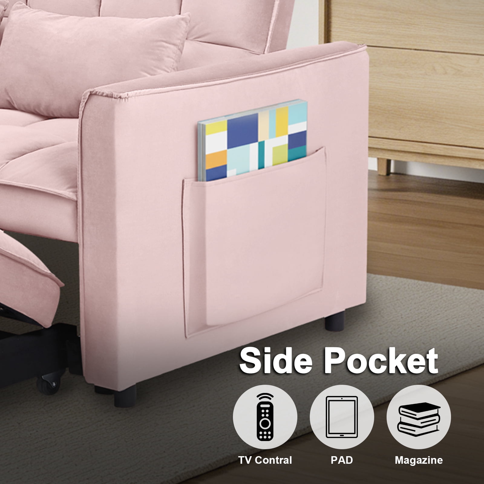 Howcool 55" 3 in 1 Convertible Sleeper Sofa Bed, Pull Out Loveseat Couch with Storage Pocket,Pink