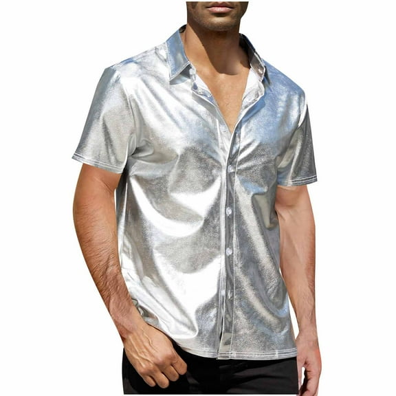 Mens Disco Shirt Sequin Party Outfit Short Sleeve Metallic Rave Button Shirt