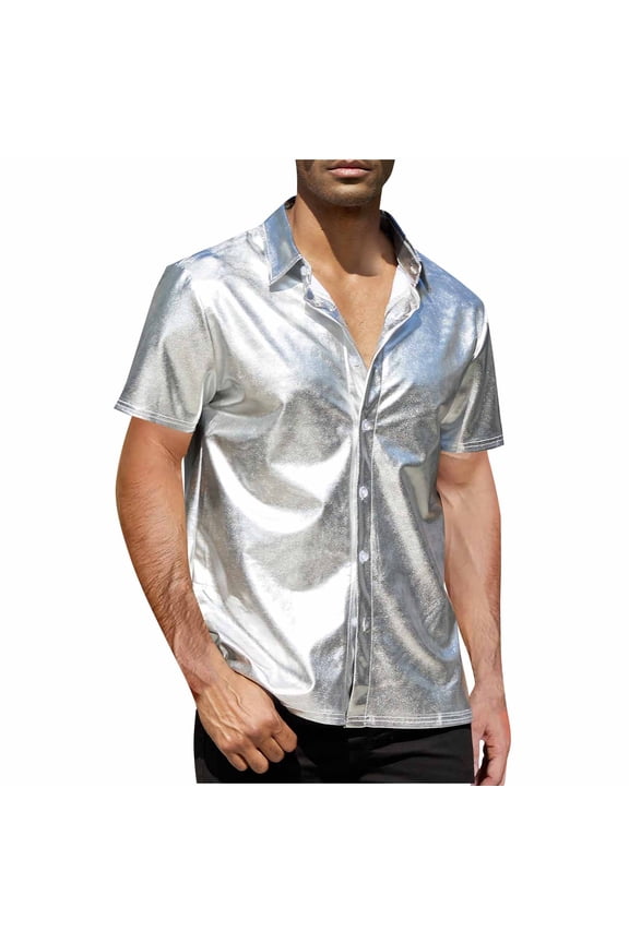 Men's Metallic Button Down Short Sleeve Collared Shirt Glitter Shirt 70s/80s Disco Party Tops Fashion Clubwear Blouse Silver