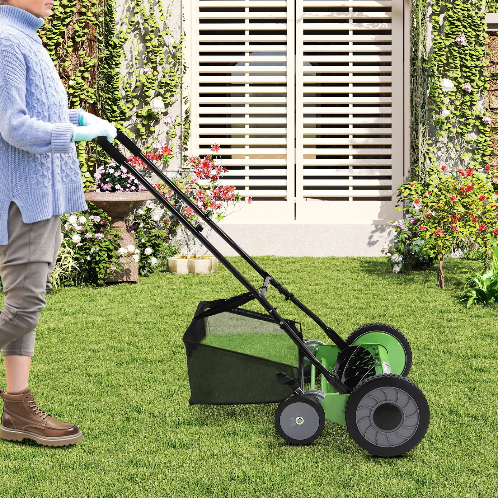 20 Inch Manual Reel Lawn Mower with Grass Catcher - 9-Gear Adjustable Push Mower 1.33-2.51" Cutting Height, Eco-Friendly Quiet Hand Powered Mower for Small-Medium Yards