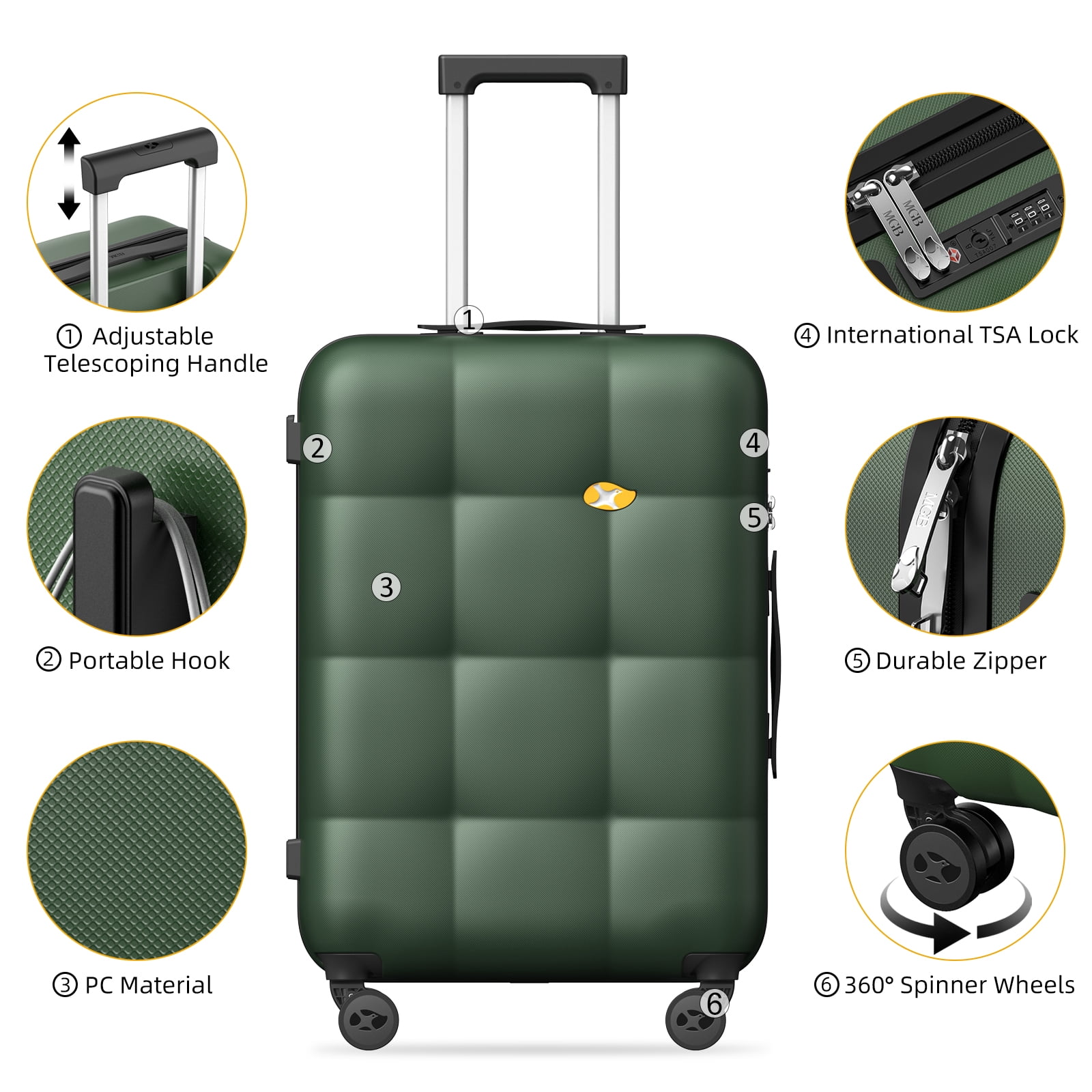 MGB 20" Carry on Luggage 22x14x9 airline approved - PC Durable Hardshell Suitcase with Dual 360° Spinner Wheels & TSA Lock | Airline-Approved, Lightweight Design for Outdoor Travel