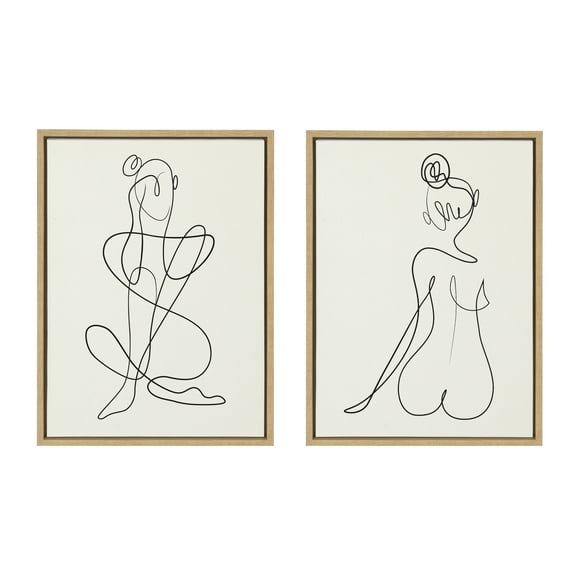 Sylvie Thinking of You Line Art and Sitting Beauty 18 in x 24 in Framed Painting Canvas Art Prints, by Kate and Laurel Set of 2