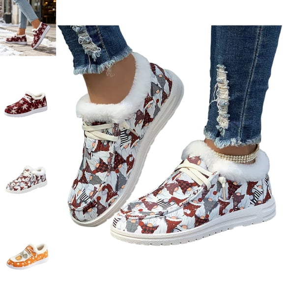 YOUYEDIAN Moccasins Women Fall Winter Fashion Comfy Platform Heel Fuzzy Warm Flats Casual Round Toe Versatile Cute Print Shoes