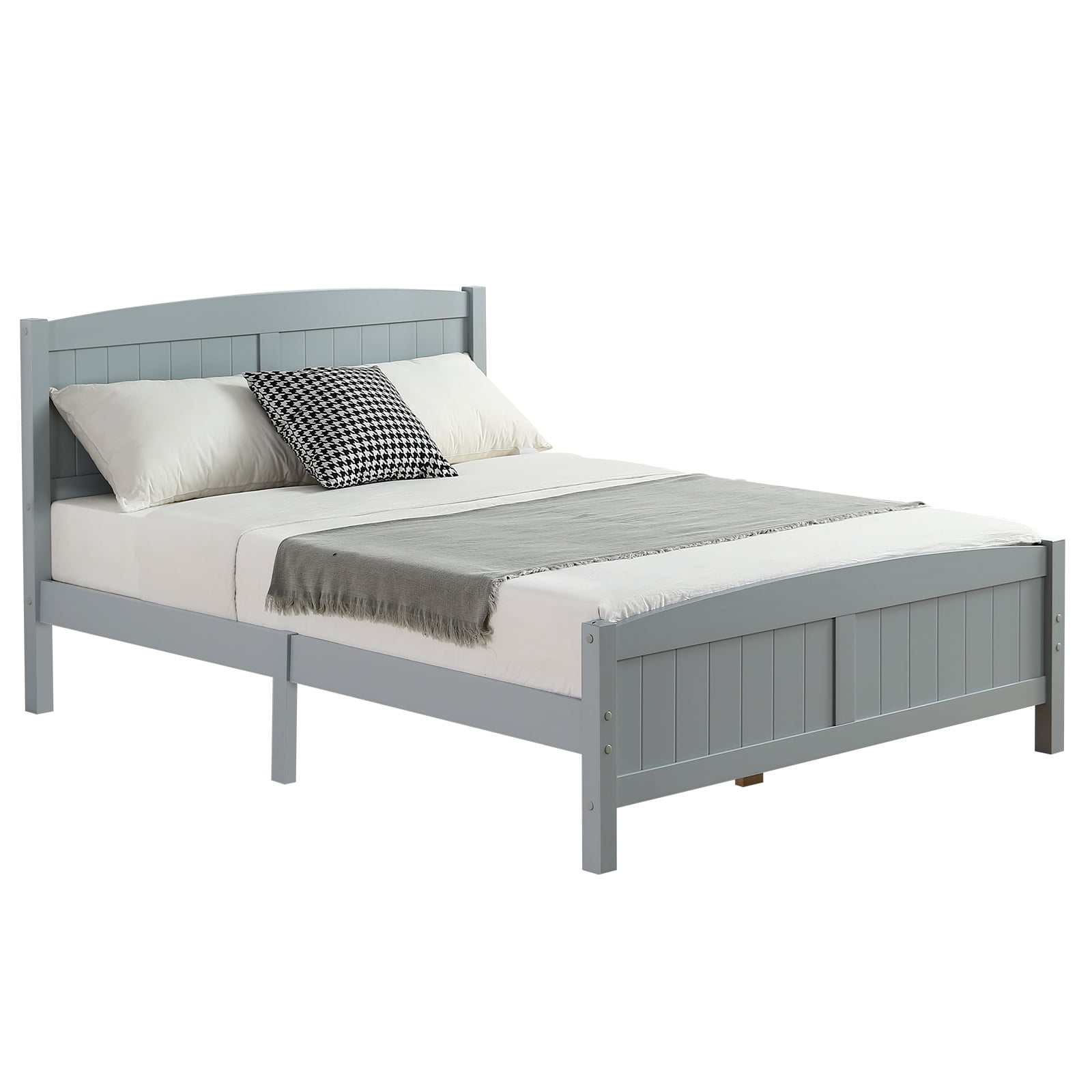 Full Single Bed Frame Vertical Striped Decorative Curved Headboard and Footboard Bed Frame Painted + Melamine Veneer & Pine + MDF Wood Bed, 77.8*56.54*37.8in Grey