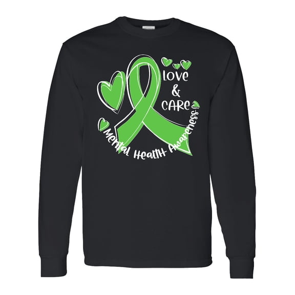 Inktastic Love and Care Mental Health Awareness Green Ribbon Long Sleeve T-Shirt