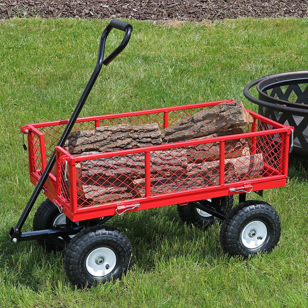 Sunnydaze Log Cart, Heavy Duty Collapsible Utility Wagon, 400 Pound Capacity, Red