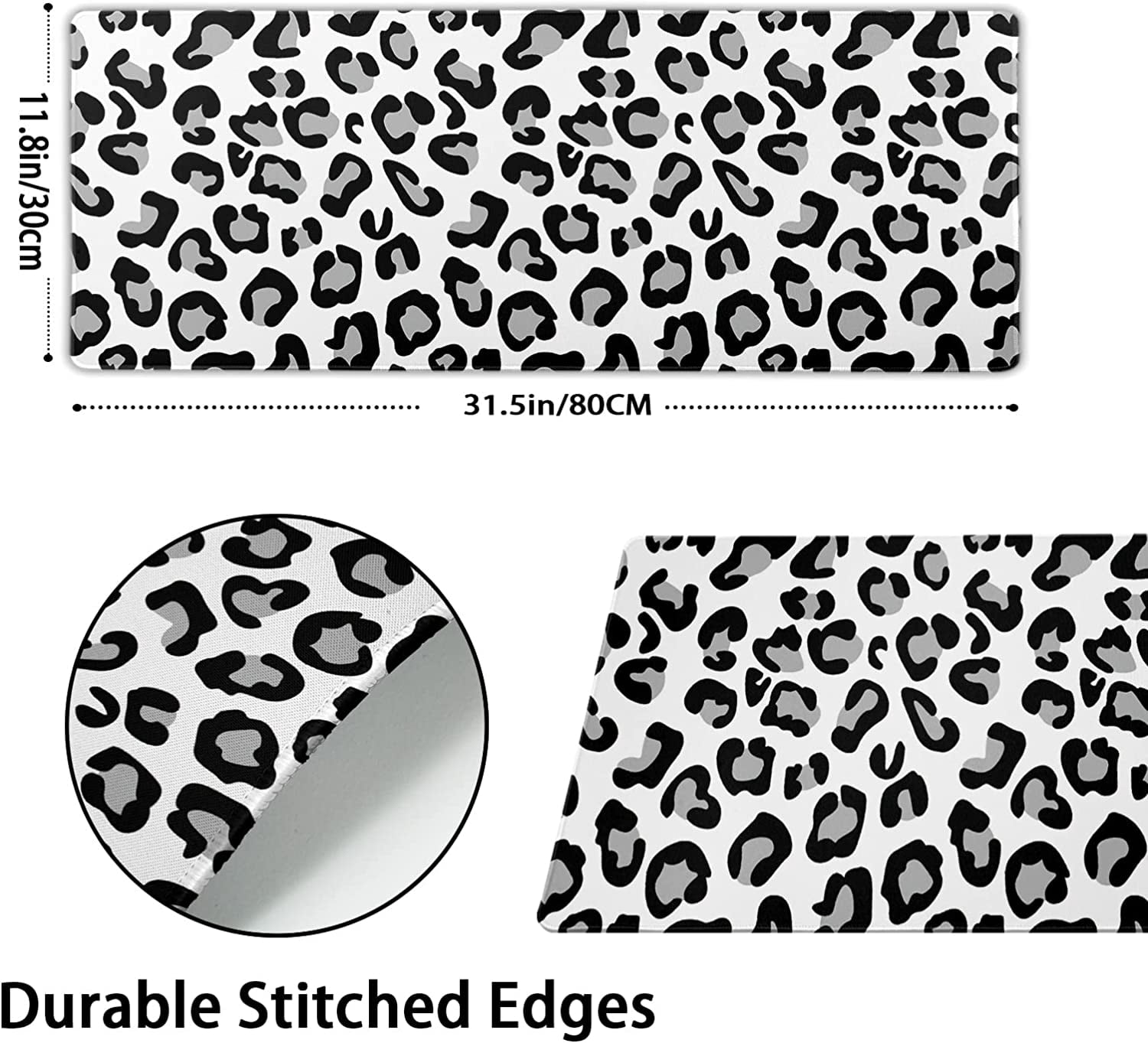 White Leopard Print Gaming Mouse Pad XL Cute Grey Cheetah Texture Extended Large Desk Cover Big Table Mat Non-Slip Rubber Base Stitched Edge Long Keyboard Playmat for Gamer,31.5×11.8 Inches