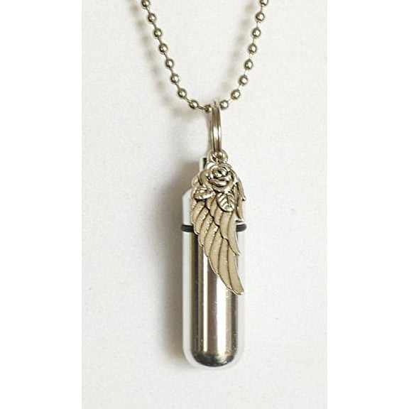 Silver Angel Wing with Rose CREMATION URN with Laser ENGRAVED HEART - Includes Velvet Pouch, Ball-Chain,& Fill Kit