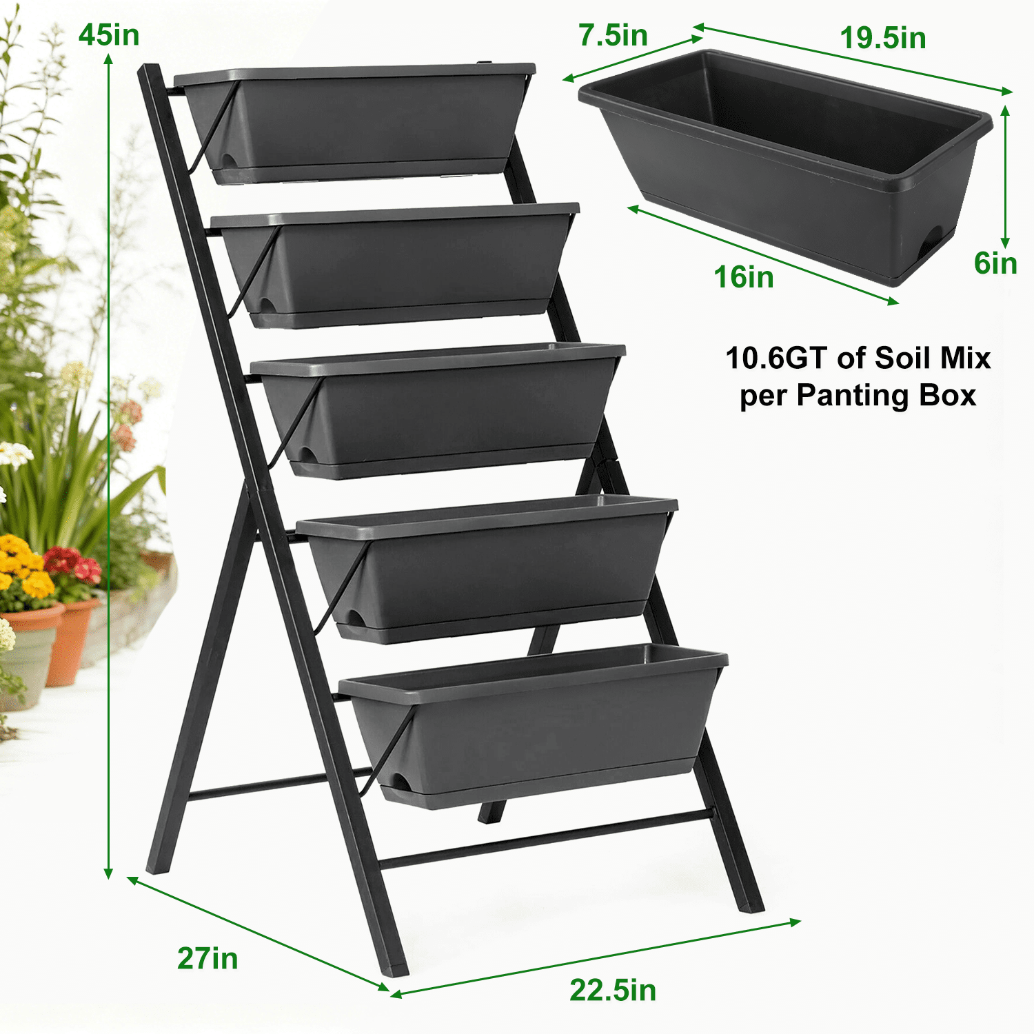Hoofun 5 Tier Vertical Raised Garden Bed Planter, Freestanding Elevated PP Container Boxes, 1 Pack, 22.5 x 27 x 45 in