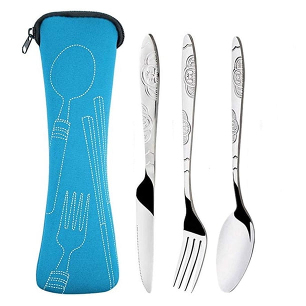 Tenedor Tenedor Batería de Cocina Juego de cubiertos de acero inoxidable de 3 uds., cuchillo para carne, tenedor con bolsa de tela (azul cielo)